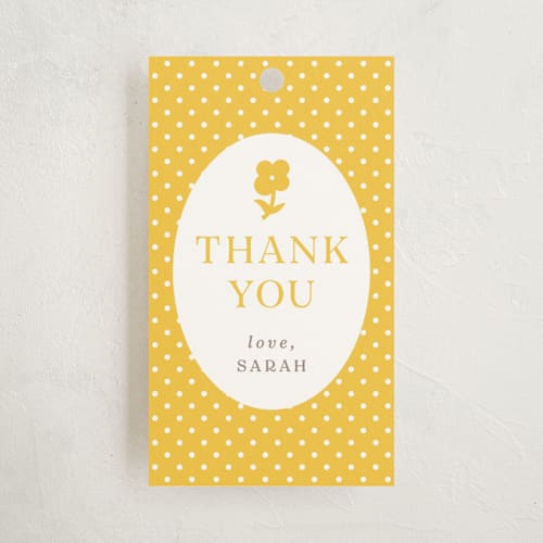 This is a saffron baby shower favor tags with standard by Eve Schultz called hummingbird garden printing on signature in tag
