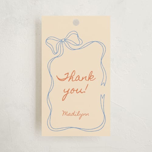 This is a citrus sky baby shower favor tags with standard by Zove Ahhh called ribbon of joy printing on signature in tag