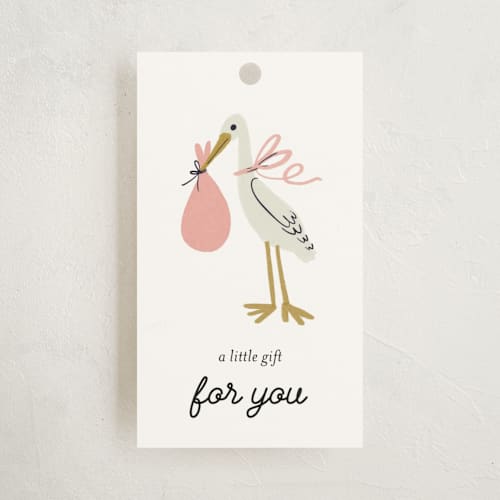 This is a blush baby shower favor tags with standard by Ani Somi called little stork printing on signature in tag