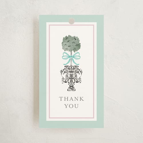 This is a aquamarine baby shower favor tags with standard by Jackie Crawford called tiny topiary printing on signature in tag