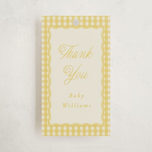 This is a lemonade baby shower favor tags with standard by Brianne Larsen called scalloped gingham printing on signature in tag