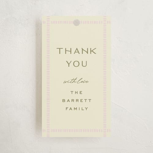 This is a blush baby shower favor tags with standard by Ellen Schlegelmilch called stitched lines printing on signature in tag