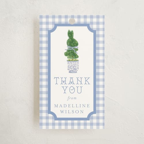 This is a periwinkle baby shower favor tags with standard by Jenna Holcomb called topiary printing on signature in tag