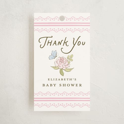 This is a peony baby shower favor tags with standard by Holton Art and Design called floral & lace baby shower printing on signature in tag
