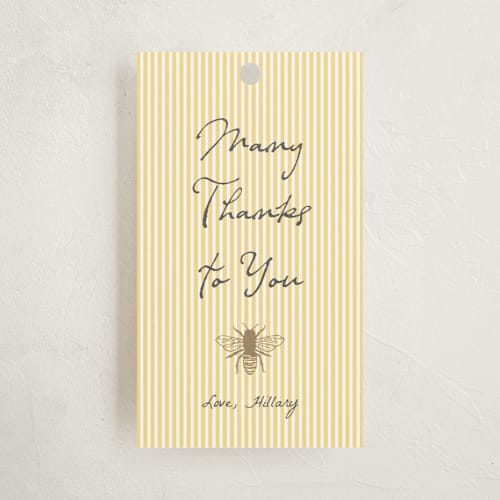 This is a buttercup baby shower favor tags with standard by Heather Schertzer called soon to bee printing on signature in tag