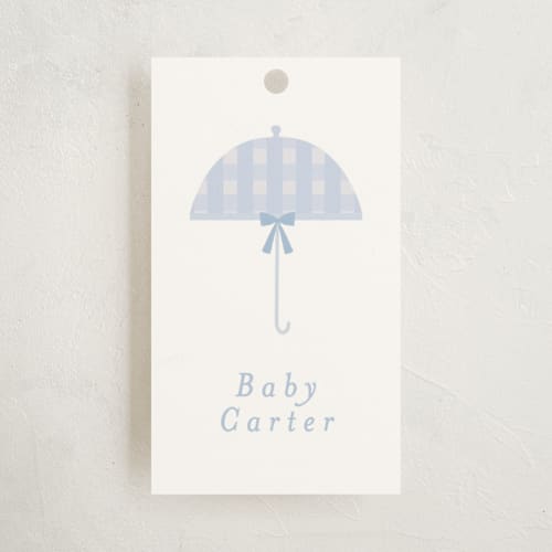 This is a sky baby shower favor tags with standard by Angela Thompson called plaid brolly printing on signature in tag