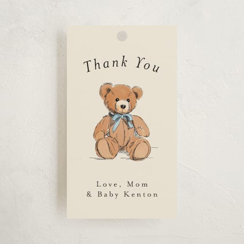 This is a frost baby shower favor tags with standard by Becky Nimoy called antique teddy bear printing on signature in tag