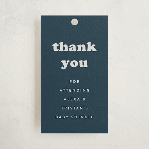 This is a whale baby shower favor tags with standard by Corinne Malesic called tiny human printing on signature in tag