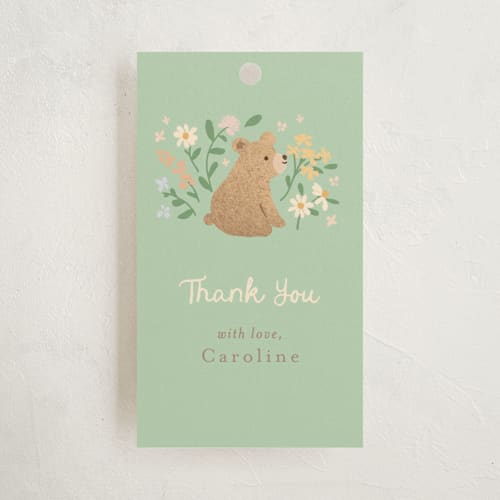 This is a mint baby shower favor tags with standard by Jennifer Wick called garden animals printing on signature in tag