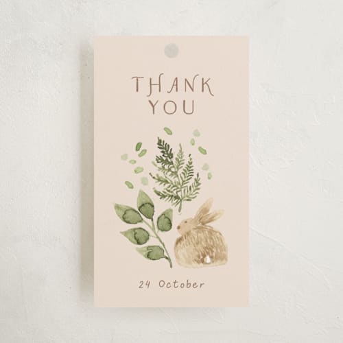 This is a sand baby shower favor tags with standard by frau brandt called forest baby shower printing on signature in tag