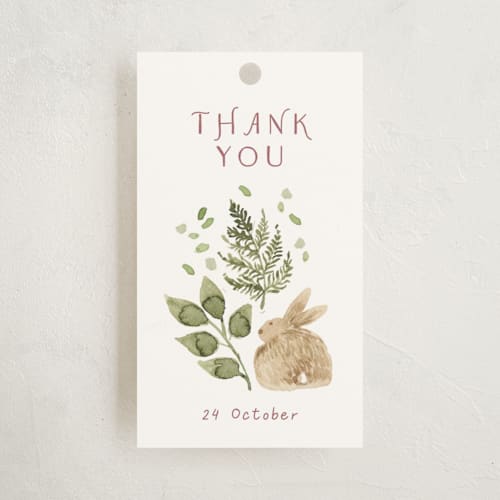 This is a cotton baby shower favor tags with standard by frau brandt called forest baby shower printing on signature in tag