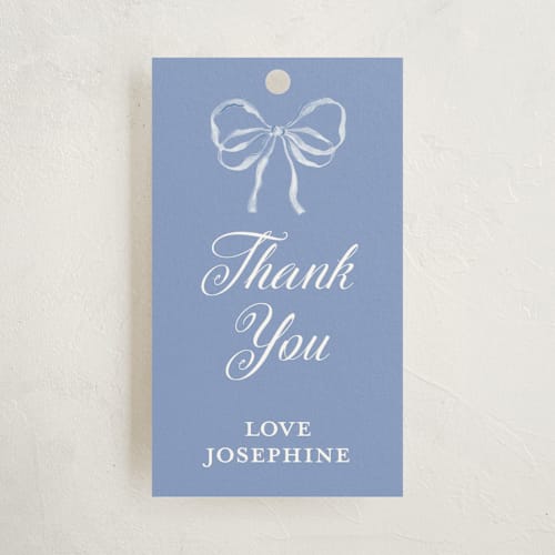 This is a bluebell baby shower favor tags with standard by Sarah Knight called garden ribbon printing on signature in tag