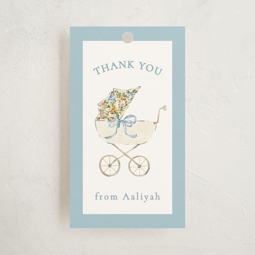 This is a sky baby shower favor tags with standard by Sarah Knight called pram printing on signature in tag