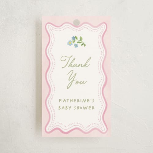 This is a garden glory baby shower favor tags with standard by Creo Study called baby in bloom printing on signature in tag