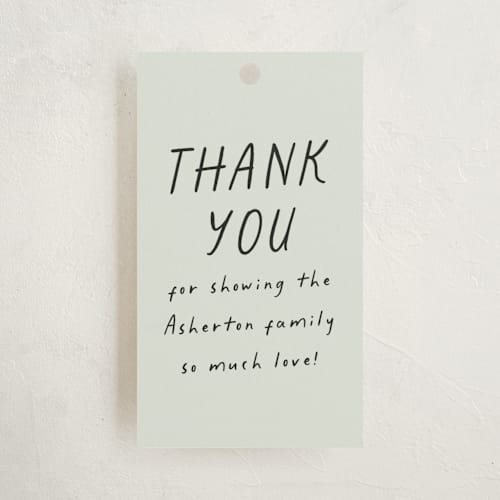 This is a mint baby shower favor tags with standard by Lea Delaveris called bring diapers printing on signature in tag