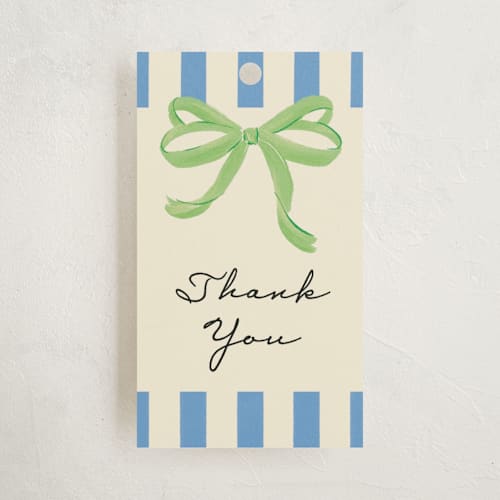 This is a lime baby shower favor tags with standard by Jackie Crawford called petit pomodoro printing on signature in tag