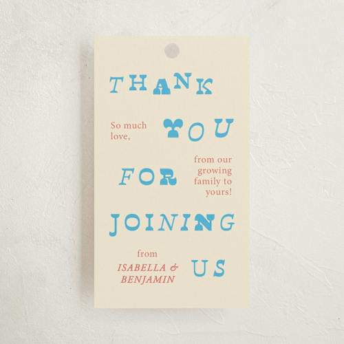 This is a blueberry baby shower favor tags with standard by Kartika Paramita called oh baby it's time printing on signature in tag