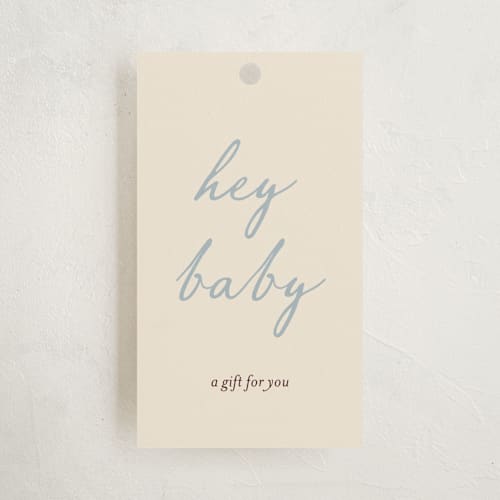 This is a denim baby shower favor tags with standard by Ani Somi called baby bow printing on signature in tag