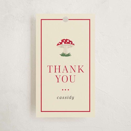 This is a berry baby shower favor tags with standard by Ilene Guy called little mushroom printing on signature in tag