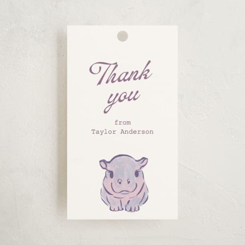 This is a cream baby shower favor tags with standard by Cass Loh called baby hippo printing on signature in tag