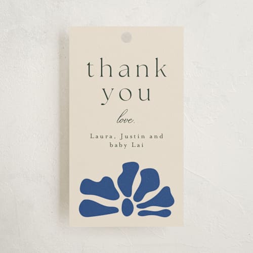 This is a cobalt baby shower favor tags with standard by Joyce Pinheiro called modern bloom printing on signature in tag