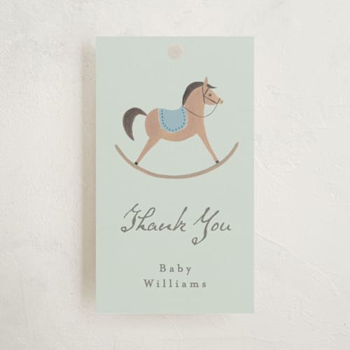 This is a sky baby shower favor tags with standard by Karidy Walker called heirloom rocking horse printing on signature in tag