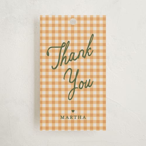 This is a moss baby shower favor tags with standard by Kelly Watkins called farmers market printing on signature in tag