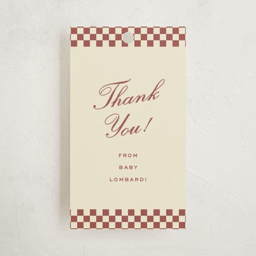 This is a burgundy baby shower favor tags with standard by Ellen Schlegelmilch called ciao, baby! printing on signature in tag