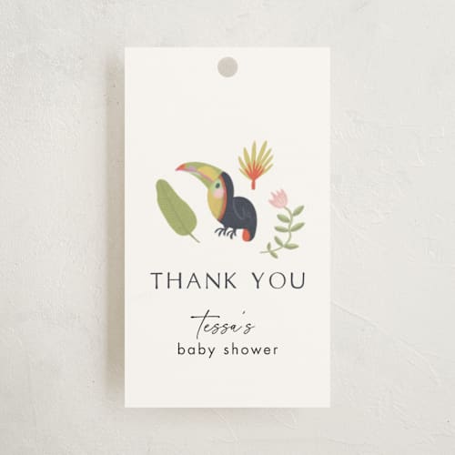This is a ivory baby shower favor tags with standard by Kate Blalock called tropical animals printing on signature in tag