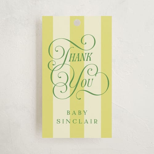 This is a limoncello baby shower favor tags with standard by Laura Hankins called oh boy! printing on signature in tag