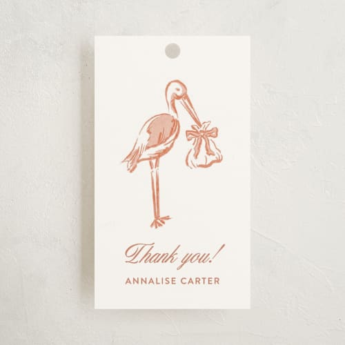 This is a blush baby shower favor tags with standard by Kaylee Morgan called watercolor stork baby shower invitation printing on signature in tag