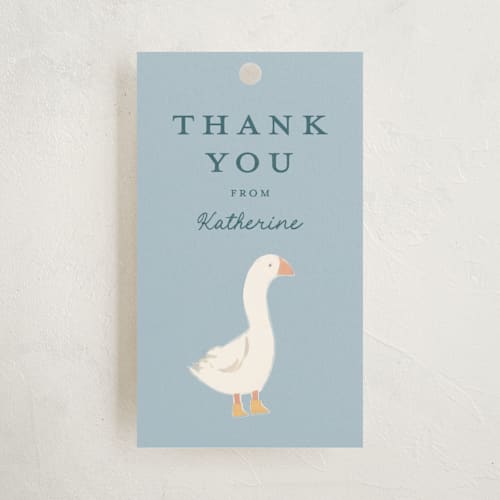 This is a raindrop baby shower favor tags with standard by Teju Reval called little goose printing on signature in tag