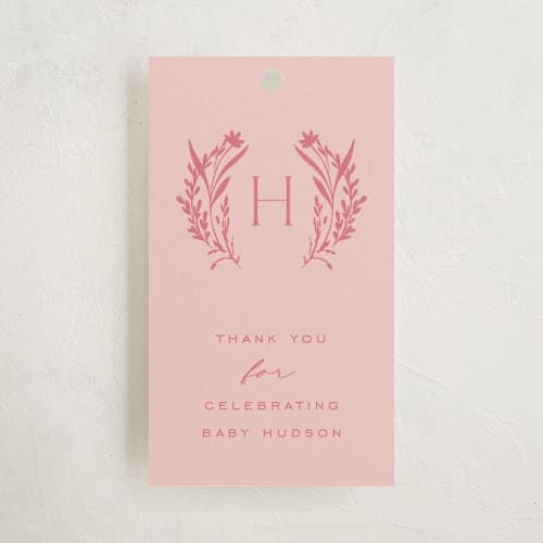 This is a rose baby shower favor tags with standard by Leah Bisch called wildflower printing on signature in tag