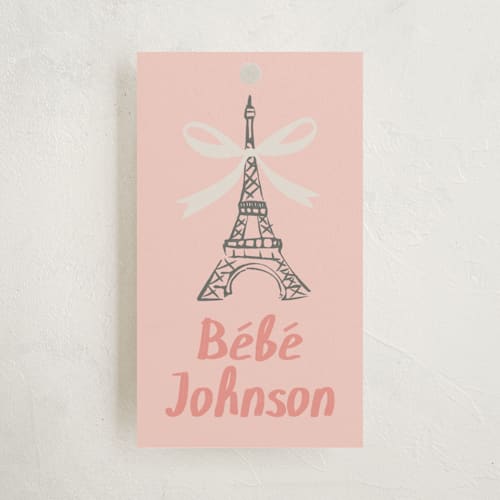 This is a petal baby shower favor tags with standard by Karidy Walker called paris postcard printing on signature in tag