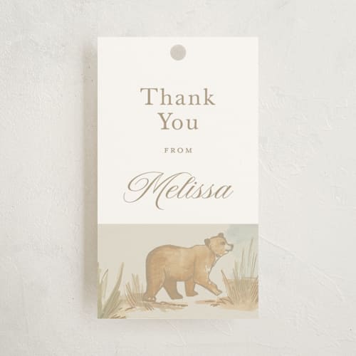 This is a bamboo baby shower favor tags with standard by Teju Reval called woodland animals toile printing on signature in tag
