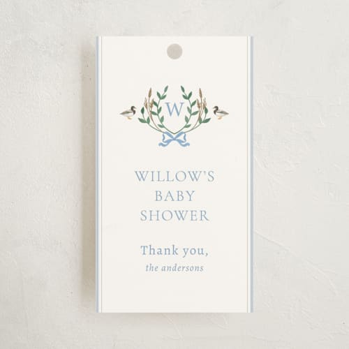 This is a powder baby shower favor tags with standard by Rebecca Marchese called southern mallard duck printing on signature in tag