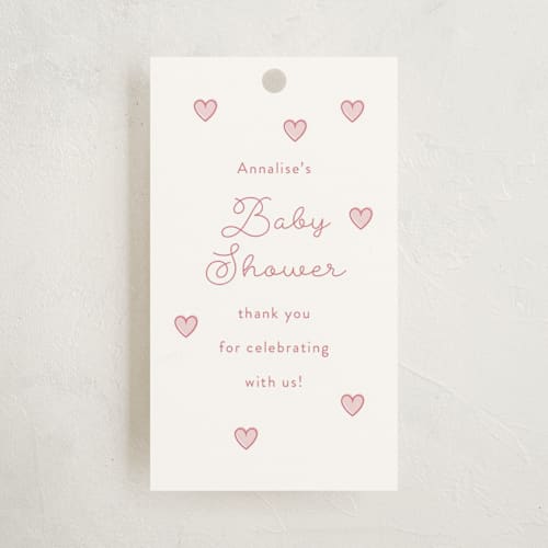 This is a strawberry baby shower favor tags with standard by Angela Garrick called little sweetheart printing on signature in tag