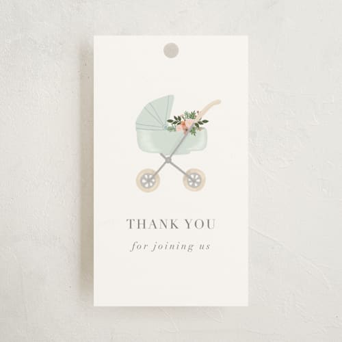 This is a mint baby shower favor tags with standard by Juliana Zimmermann called love and flowers printing on signature in tag
