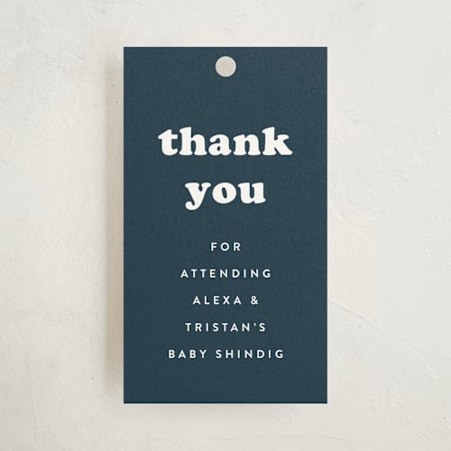 This is a whale baby shower favor tags with standard by Corinne Malesic called tiny human printing on signature in tag