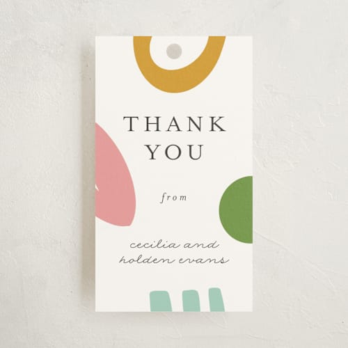 This is a rainbow baby shower favor tags with standard by Morgan Kendall called rainbow shapes printing on signature in tag