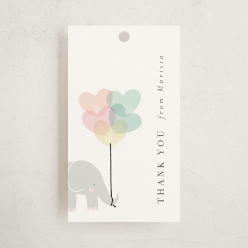 This is a peony baby shower favor tags with standard by Lori Wemple called elephant printing on signature in tag