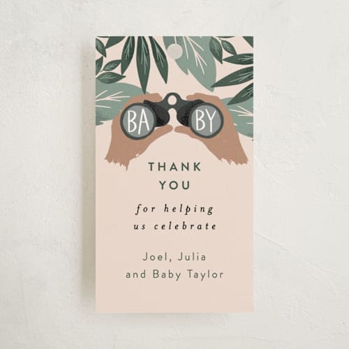 This is a latte baby shower favor tags with standard by Alethea and Ruth called adventure on the horizon printing on signature in tag