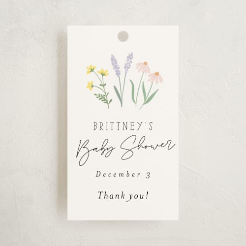 This is a pastel baby shower favor tags with standard by Itsy Belle Studio called she's a wildflower printing on signature in tag