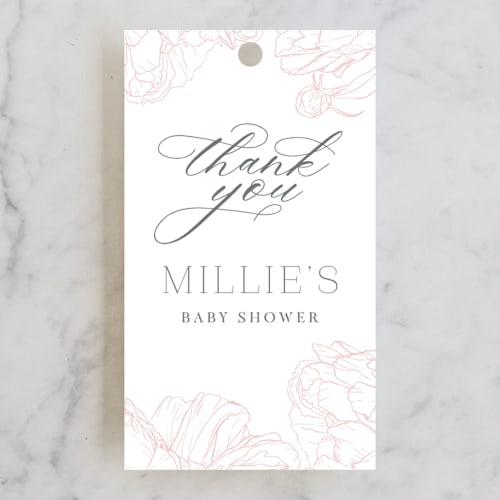 This is a blush baby shower favor tags with standard by Nicoletta Savod called timeless printing on signature in tag