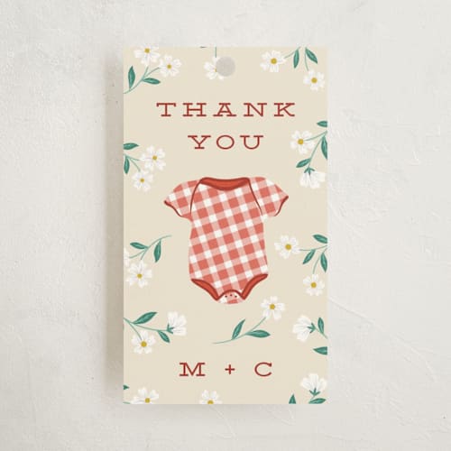 This is a ketchup baby shower favor tags with standard by Jamie Alexander called baby-q printing on signature in tag
