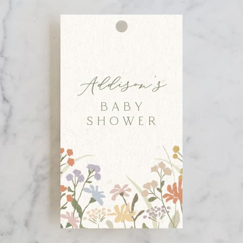 This is a vanilla baby shower favor tags with standard by Jennifer Wick called meadow flowers printing on signature in tag