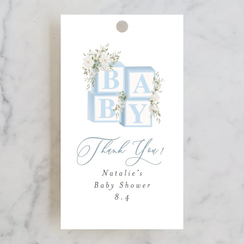 This is a baby blue baby shower favor tags with standard by Itsy Belle Studio called botanical blocks printing on signature in tag