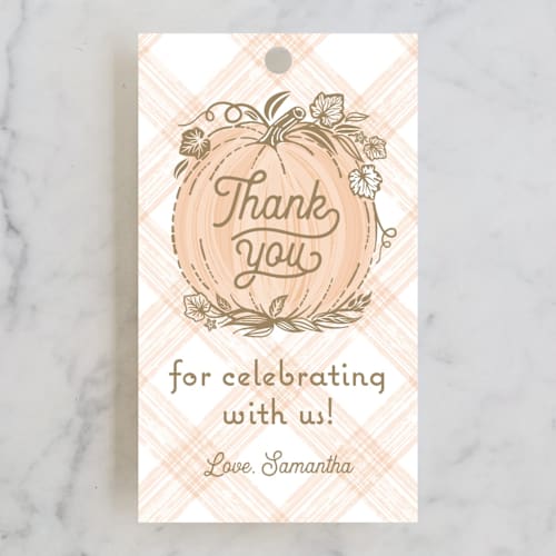 This is a peach baby shower favor tags with standard by Paper Sun Studio called little pumpkin printing on signature in tag