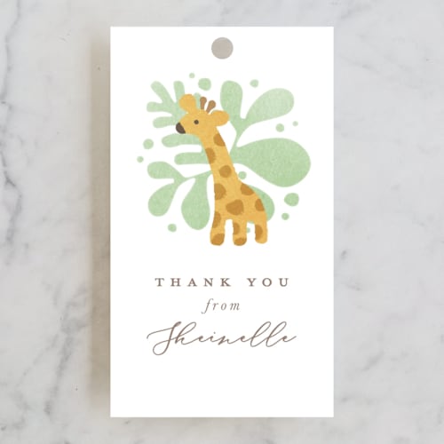 This is a mint baby shower favor tags with standard by Jennifer Wick called petite safari printing on signature in tag