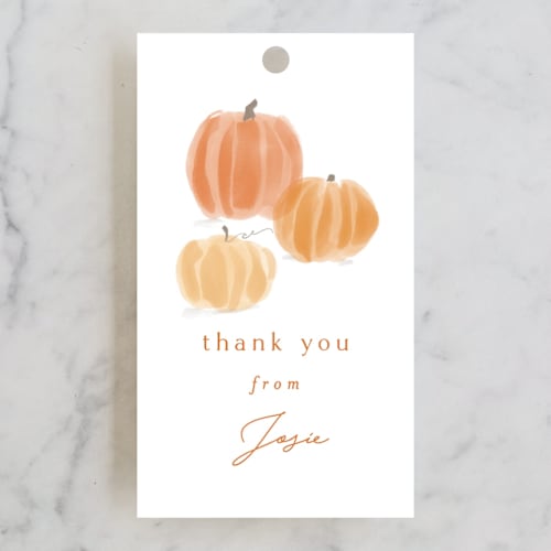 This is a pumpkin baby shower favor tags with standard by Rebecca Durflinger called autumn pumpkins printing on signature in tag